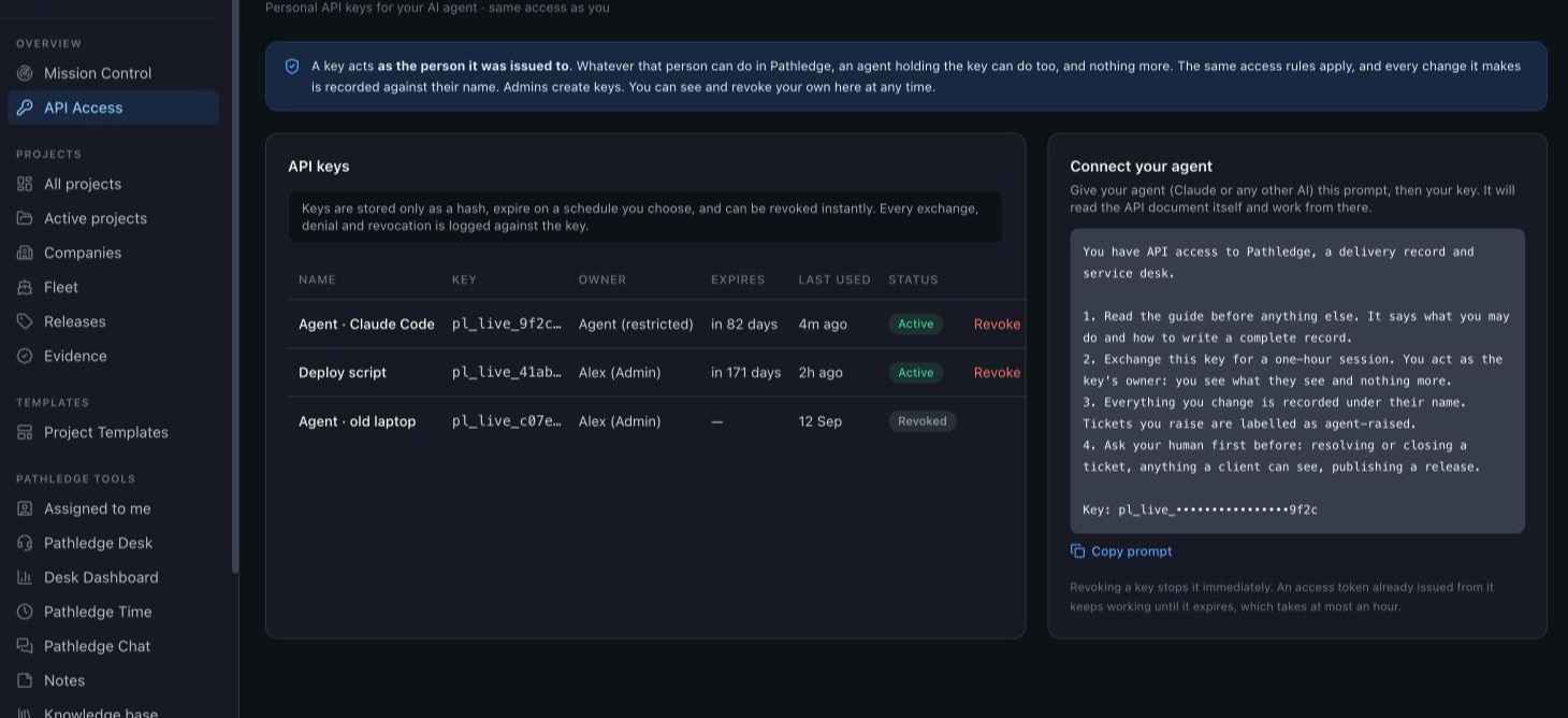 The API Access screen: agent keys with owner, expiry and status, beside the setup prompt to give an agent
