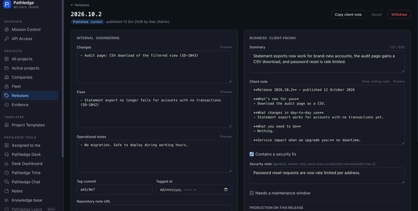 A release, 2026.10.2, with internal engineering notes on the left and the client-facing summary, client note and security note on the right